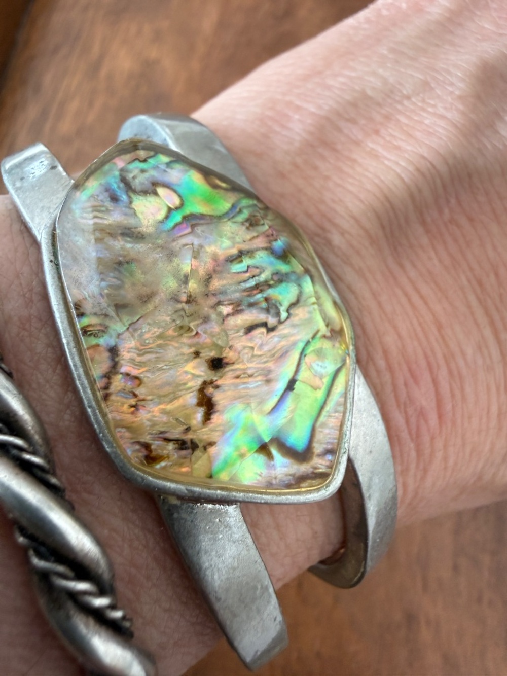 Alpaca Silver Abalone Shell Cuff Artisan Bracelet - Faceted Resin Overlay